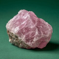 Pink Crystal Specimen Against Dark Green Background
