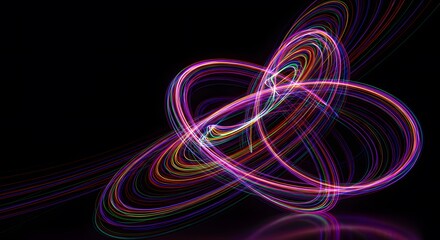 Abstract design, swirling, multicolored light trails Abstract swirling energy trails form a glowing abstract oval shape with vibrant colors. Light in motion against a dark background, dynamic visual e