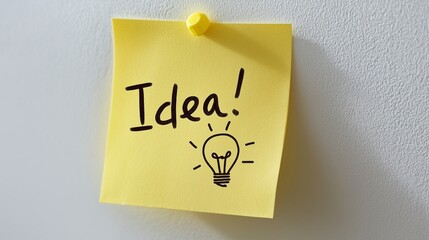 Close-up yellow Post-it note with handwritten 'Idea!' and a lightbulb icon.