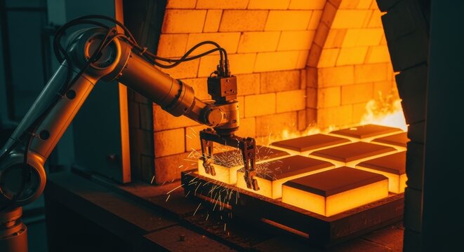 Robotic arm manipulating ceramic ballistic plates in glowing sintering furnace demonstrating automation in armor manufacturing.