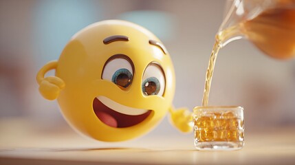 Happy Emoji Watching Beverage Being Poured Into Glass, Refreshment Theme