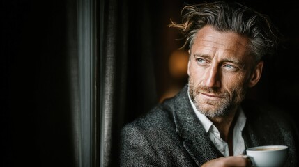 A handsome mature male, gazing thoughtfully with a slight smile, holding a cup of coffee, indoors.