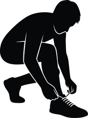 Vector art of silhouette of a man tying his running shoe laces, preparing for a sport, fitness, exercise, or workout activity
