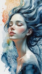 Serene Watercolor Portrait of a Woman with Flowing Hair and Mandala