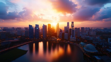 Fototapeta premium Stunning aerial view of a vibrant modern city skyline at sunset with skyscrapers and reflections in water