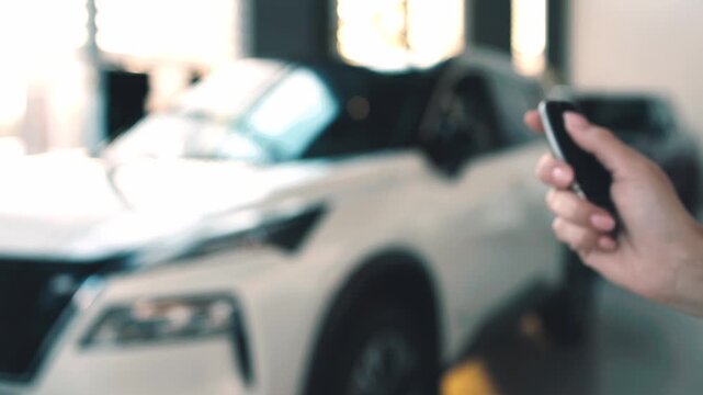 Close-up of handing over keys to a new car against the background of a white SUV. Concept of buying a new car.