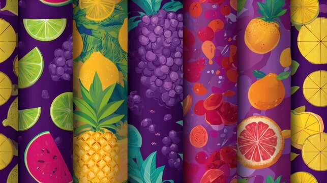 A vibrant collection of colorful fruit patterns on purple backgrounds