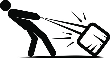Vector art of stick figure pulling a cube, representing effort, struggle, and challenge