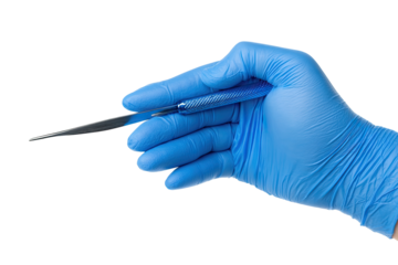 A gloved hand holds surgical tweezers