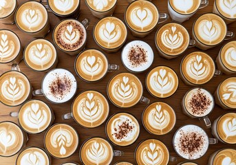 Fototapeta premium An Overhead View of Numerous Delicious Coffee Cups Filled With Creamy Lattes and Drizzled With Chocolate Syrup