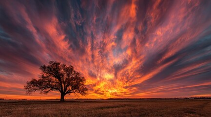 Dramatic sunset over a field, featuring a lone tree and vibrant clouds