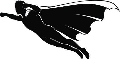 Vector art of silhouette of a superhero flying with cape, representing power, strength, and justice in a dynamic and iconic design