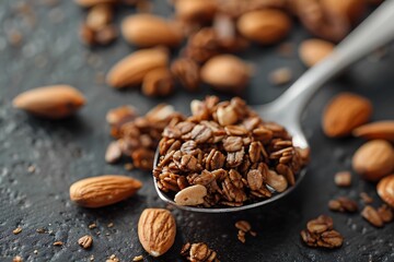 Fototapeta premium Chocolate granola with nuts on a dark wooden background.