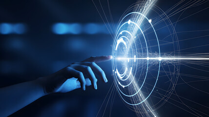 Hand interacting with glowing futuristic interface with lines and circles