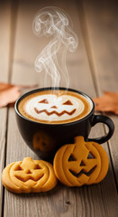 Halloween coffee cup with pumpkin latte art and pumpkin cookies