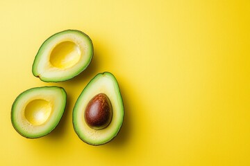 Flat lay of two avocado halves on yellow background with copy space in minimalist top-down composition