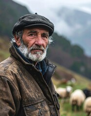 Obraz premium Elderly Shepherd in Windy Highland Scene