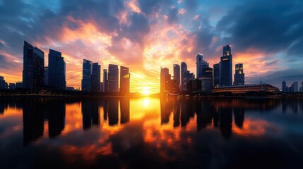 Fototapeta premium Stunning city skyline at sunset with tall modern skyscrapers and vibrant colorful sky reflection