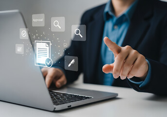 Businessman pressing virtual button on laptop screen in digital workspace