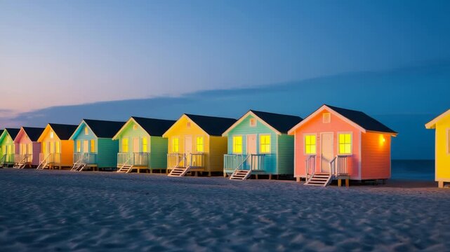 Colorful beach huts sitting on a sandy beach, perfect for coastal theme or summer scene