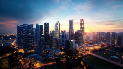 Fototapeta premium Stunning panoramic view of a modern city skyline at sunset with tall skyscrapers and vibrant evening lights