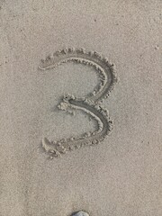 Number 3 hand drawn in beach sand. A simple numeric element with natural texture for educational or creative design use.