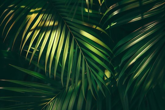 Green palm leaves in the tropical forest. Nature background.