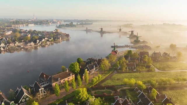 Aerial view of the iconic Zaanse Schans windmills standing majestically along the river, shrouded in a soft, ethereal mist, Zaanstad, Noord-Holland, Netherlands.