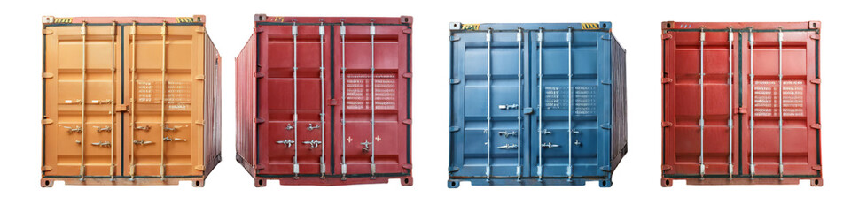 Shipping containers in multiple colors isolated on transparent background