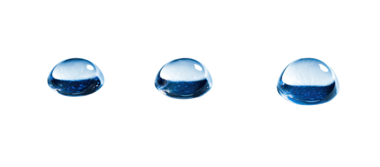 Three translucent, blue water droplets