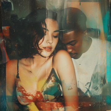 Moody Intimate Couple Portrait with Retro Film Texture
A raw and emotionally charged portrait of a young couple in an intimate moment. The image is stylized with vintage film textures, color burns