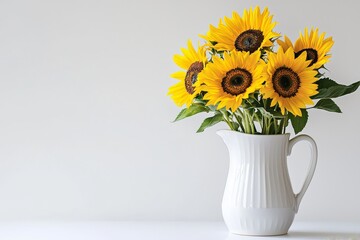 Fototapeta premium Minimalist composition of sunflowers in white ceramic pitcher against clean white background