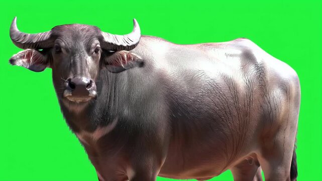 Large Water Buffalo with Prominent Horns on Green Screen Background Ready for Easy Compositing