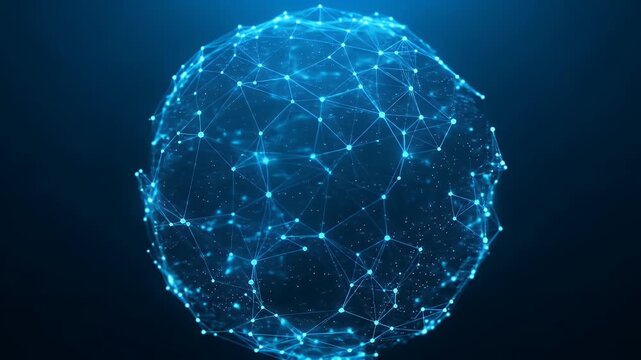 Glowing blue digital network sphere on dark background