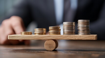 Businessman balancing stacks of coins representing financial growth and investment.