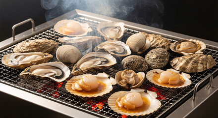 Many fresh of oyster, clam and scallop are grilling on a stainless grill.