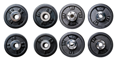 Various Black Weight Plates for Gym and Fitness Training Equipment, isolated on transparent background