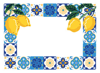 Italian lemon tile frame with blue and yellow ceramic pattern. Square border with fresh lemons and green leaves for summer menus, invitations, labels, and Mediterranean-themed designs.