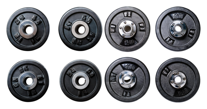 Various Black Weight Plates for Gym and Fitness Training Equipment, isolated on transparent background