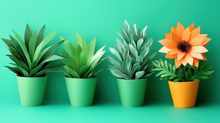 Paper Plants in Pots on Turquoise Background for Decor and Design