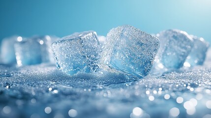 Chilled Ice Cubes with Water Droplets and Sparkling Reflections on a Blue Background