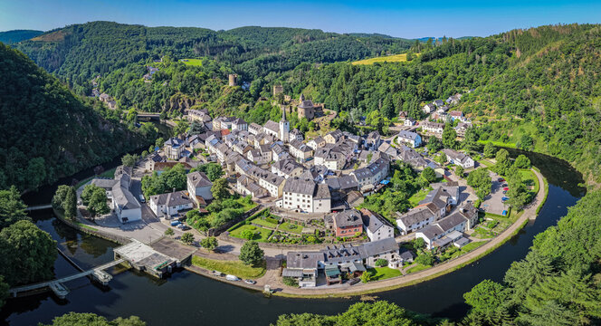 Aerial view of the village of Esch Sur Sure in Luxembourg	