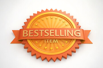 Golden bestselling item award badge with ribbon