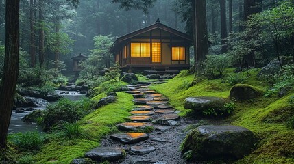 Japanese Forest Retreat: Serene Cabin with Stone Path, Mossy Ground, and Warm Lights