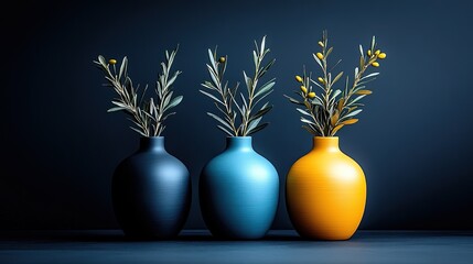 Three Decorative Vases with Olive Branches Against a Dark Background for Home or Office Interior Design