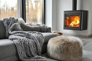 Knitted blanket on a grey sofa and a fur pouf placed in a room with a freestanding fireplace. Hygge Scandinavian home interior design for a modern living room, Generative AI