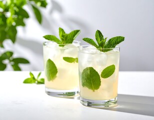 Refreshing Mojito Cocktails with Fresh Mint Leaves in Summer Ambiance Setting