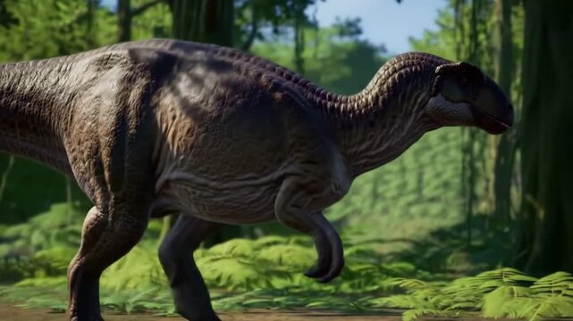 Low Crest Hadrosaur Walking with Head Sway in Lush Green Jungle Landscape Prehistoric Animal Wildlife Nature Reptile Fauna Cretaceous Herbivore Paleontology