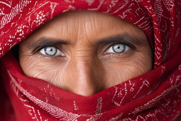 Middle eastern woman wearing red veil showcasing striking blue eyes