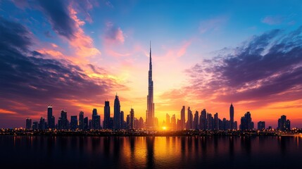 Obraz premium Stunning panoramic view of the Dubai skyline with towe skyscrapers du vibrant sunset with colorful sky